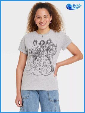 XXL - Womens Disney Princess Outline Short Sleeve Graphic T-Shirt - Gray